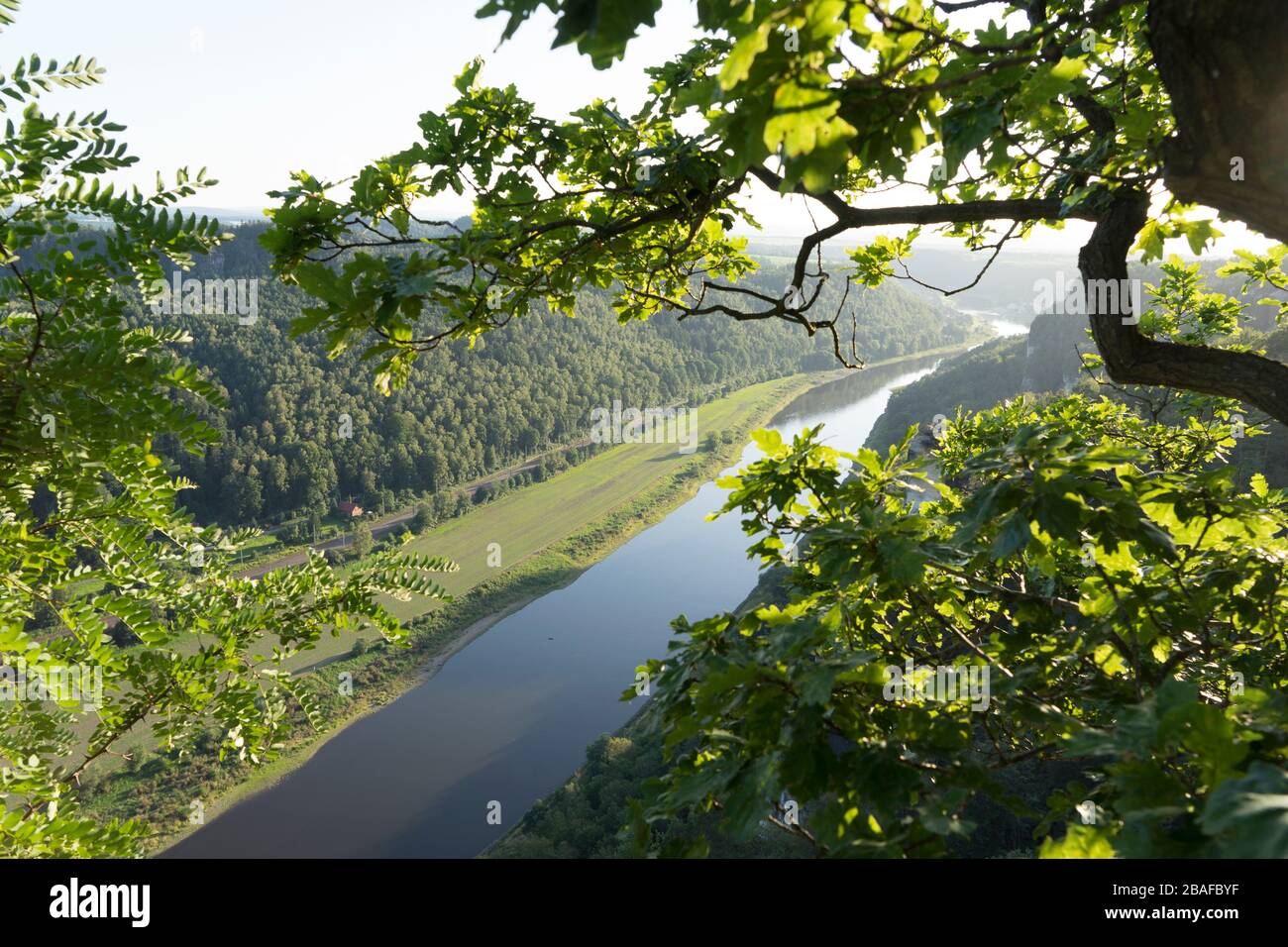 View of the German Elbe River near the Bastei in the afternoon in summer, Elbe Sandstone Mountains, Saxon Switzerland National Park, State of Saxony, Stock Photo