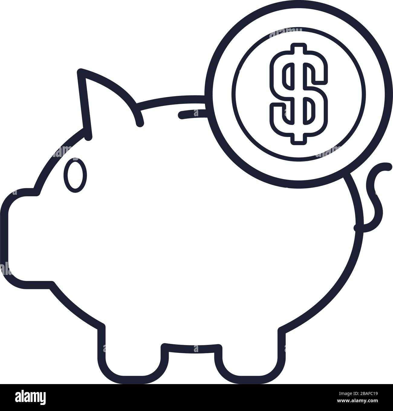 piggy bank with money coin icon over white background, line style ...
