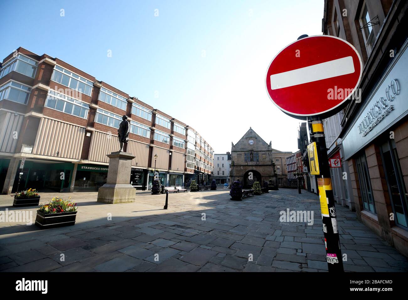 Empty streets around The Old Market Hall at The Square in Shrewsbury as the UK continues in lockdown to help curb the spread of the coronavirus. Stock Photo