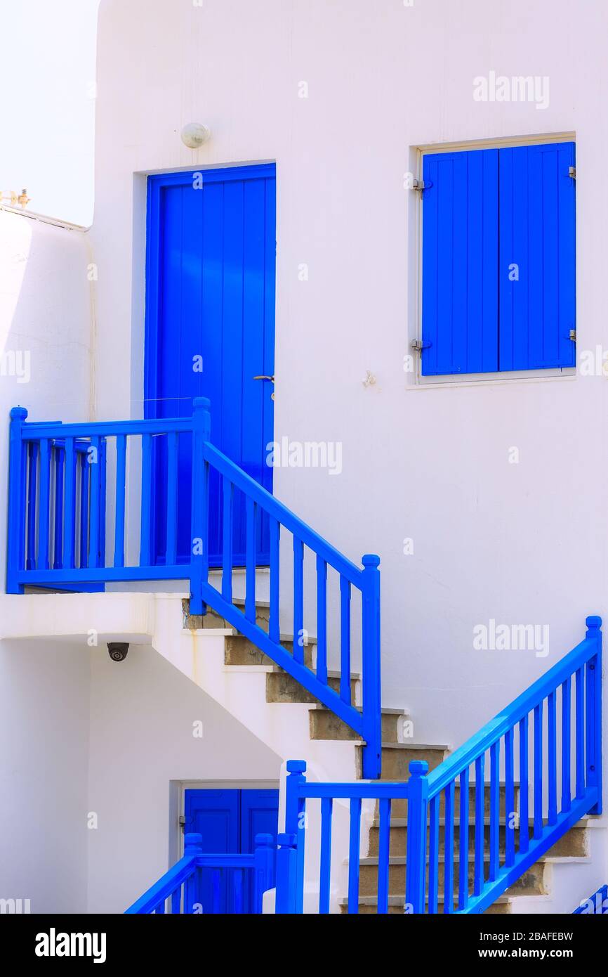 Greece with traditional white and blue greek house hi-res stock ...