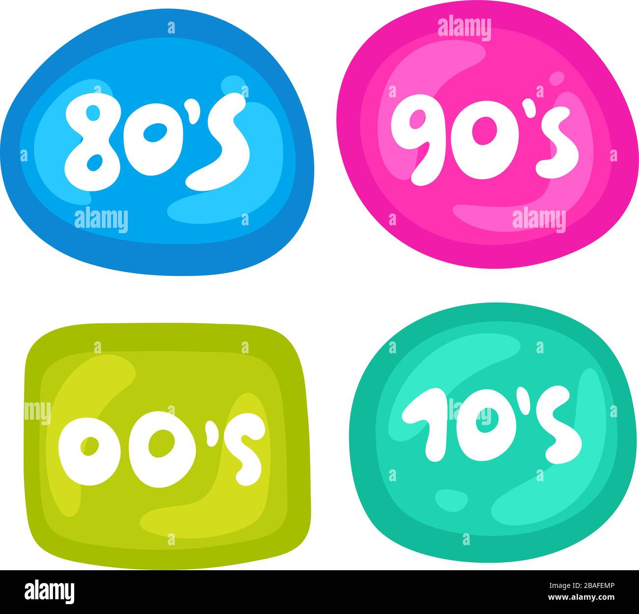 Colored icons in a bright style. Lettering - 80s, 90s, 00s, 10s. Collection of vector tickets, labels, stamps, stickers. Vector black glossy button Stock Vector