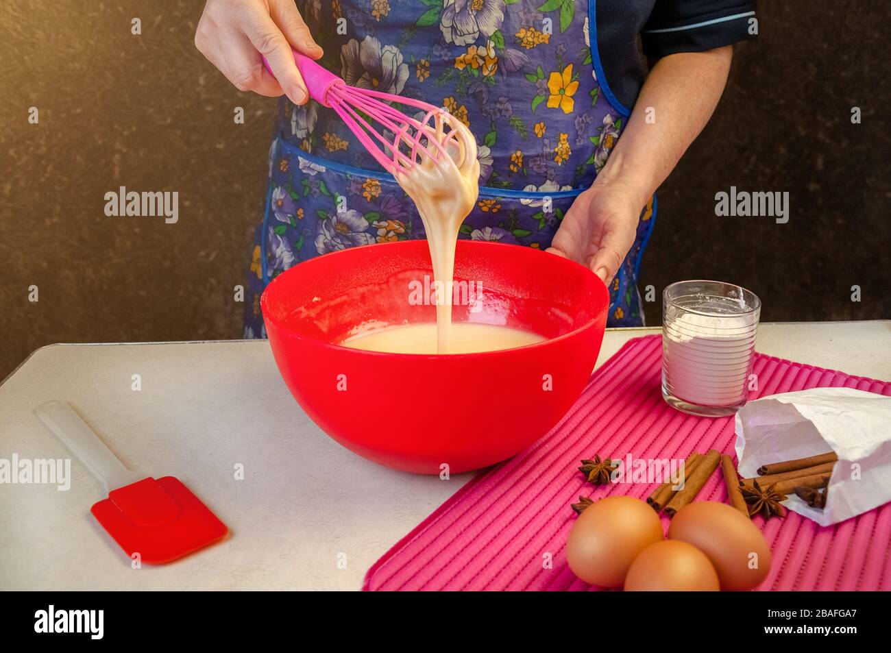 Baking Ingredients and Utensils for Cooking Sponge Cake. Process