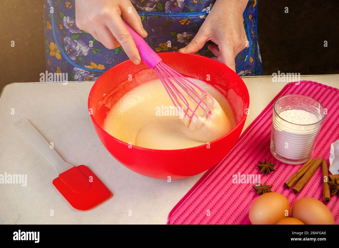 Baking Ingredients and Utensils for Cooking Sponge Cake. Process