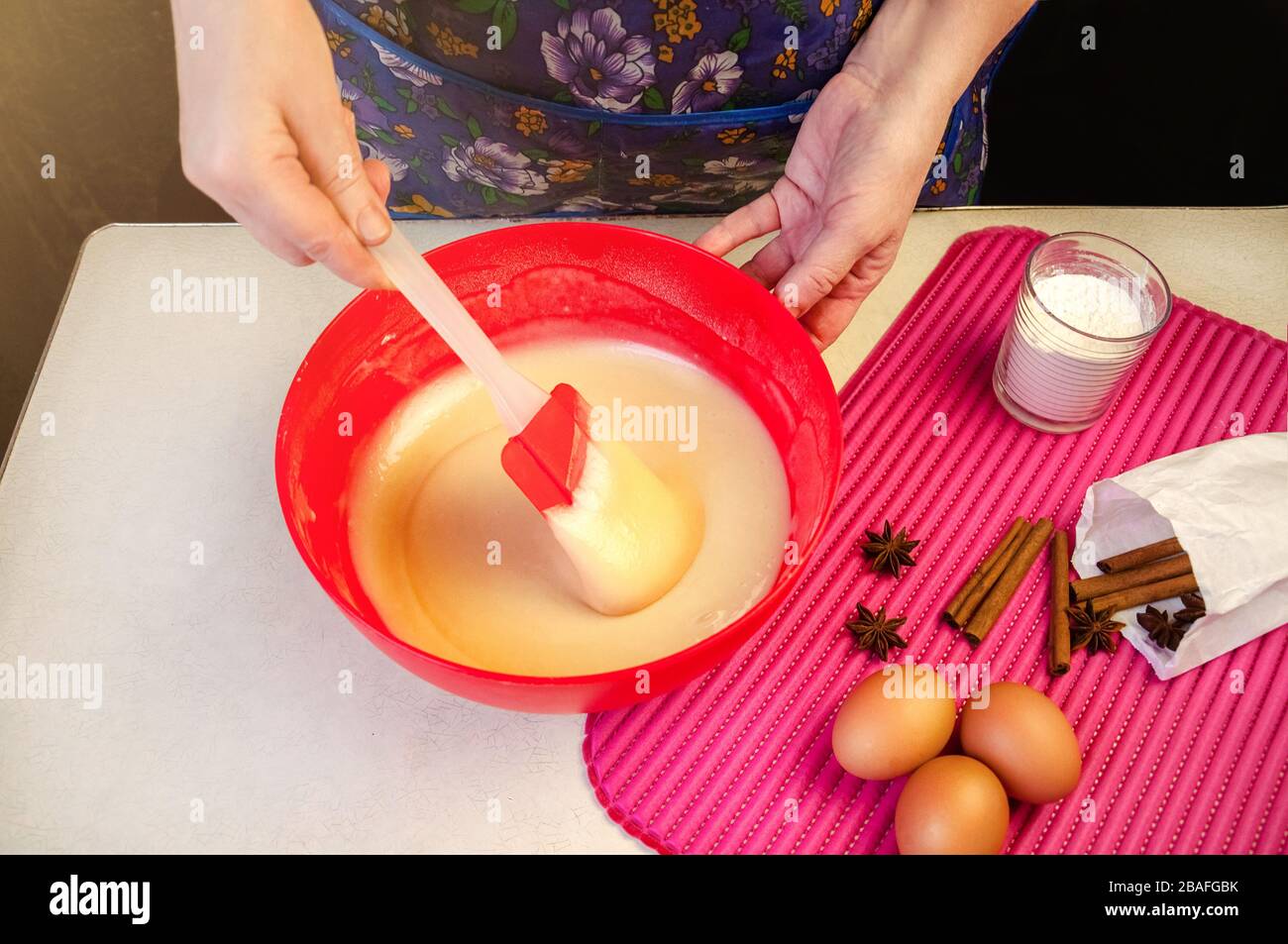 Baking Ingredients and Utensils for Cooking Sponge Cake. Process