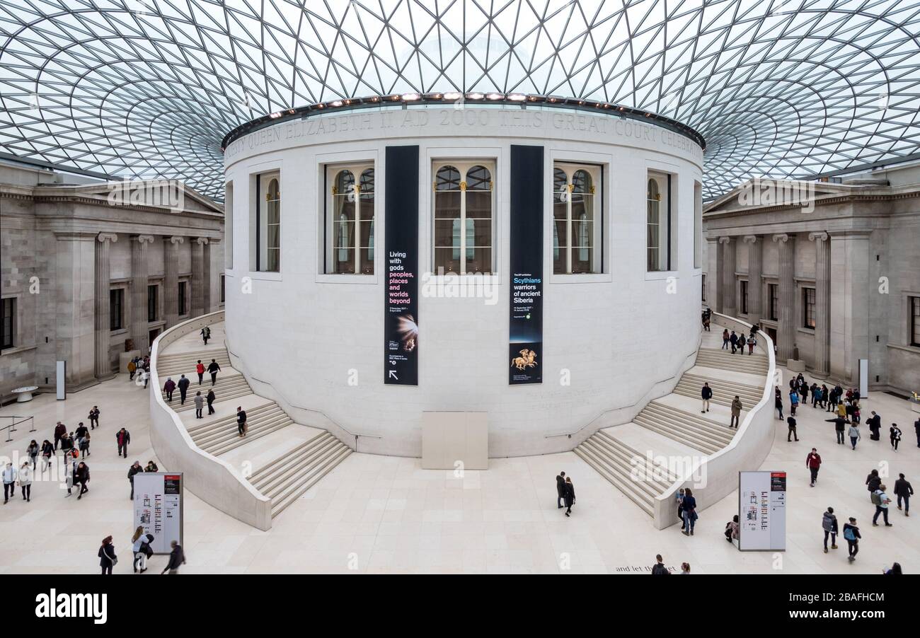 British Museum atrium, London. Wide angle view of visitors in the Great Court of the Sir Norman Foster designed museum. Stock Photo