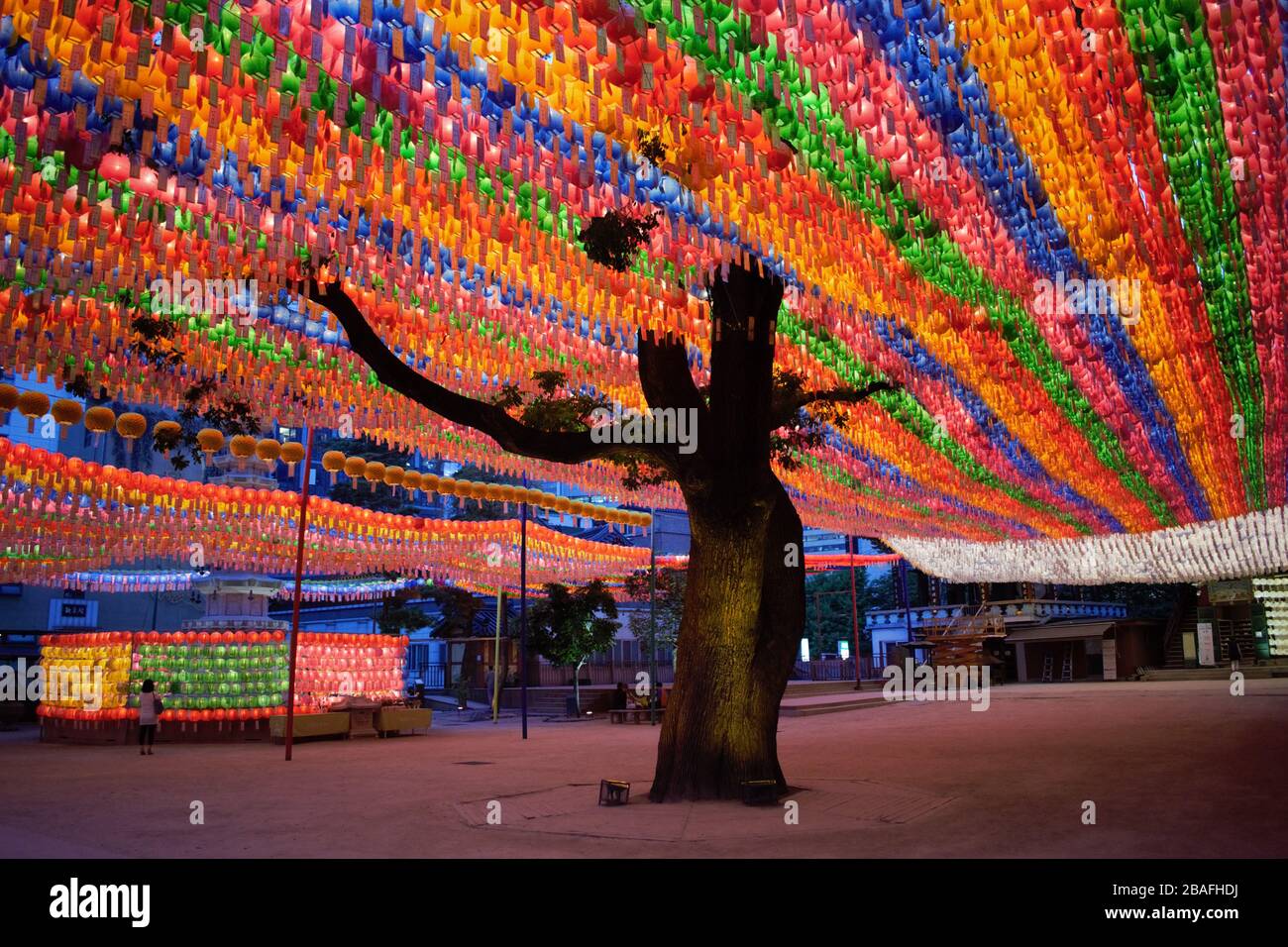 Illuminated lotus lanterns for Buddha's birthday at buddhist temple Jogyesa, Seoul, Korea Stock Photo