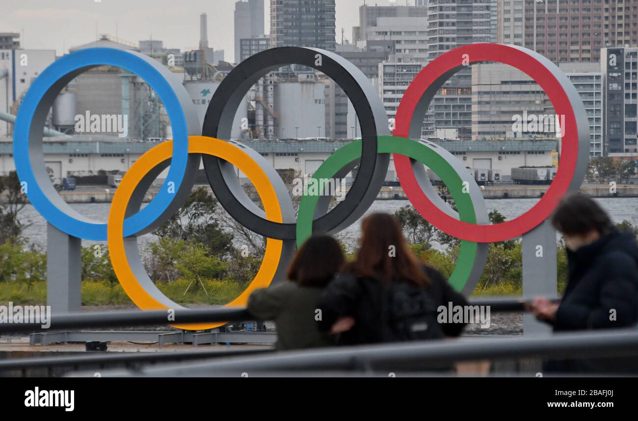 The Olympic rings are seen at Odaiba Marine Park in Tokyo, Japan on Friday, March 27, 2020. Japan's government and International Olympic Committee agreed to postpone the Tokyo 2020 Olympic Games until 2021 because of the spreading Coronavirus pandemic. Photo by Keizo Mori/UPI Stock Photo