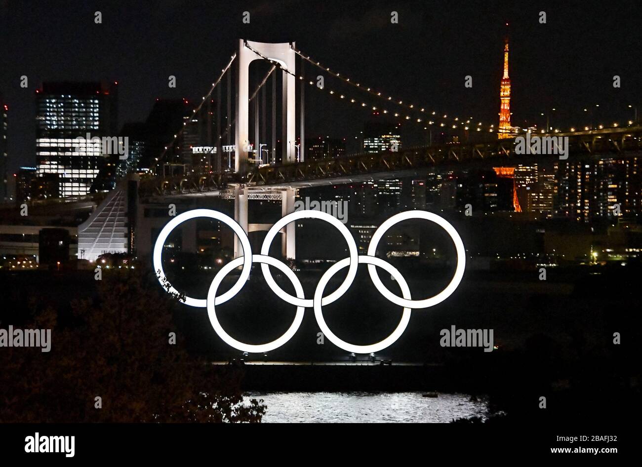The Olympic rings are seen at Odaiba Marine Park in Tokyo, Japan on Friday, March 27, 2020. Japan's government and International Olympic Committee agreed to postpone the Tokyo 2020 Olympic Games until 2021 because of the spreading Coronavirus pandemic. Photo by Keizo Mori/UPI Stock Photo
