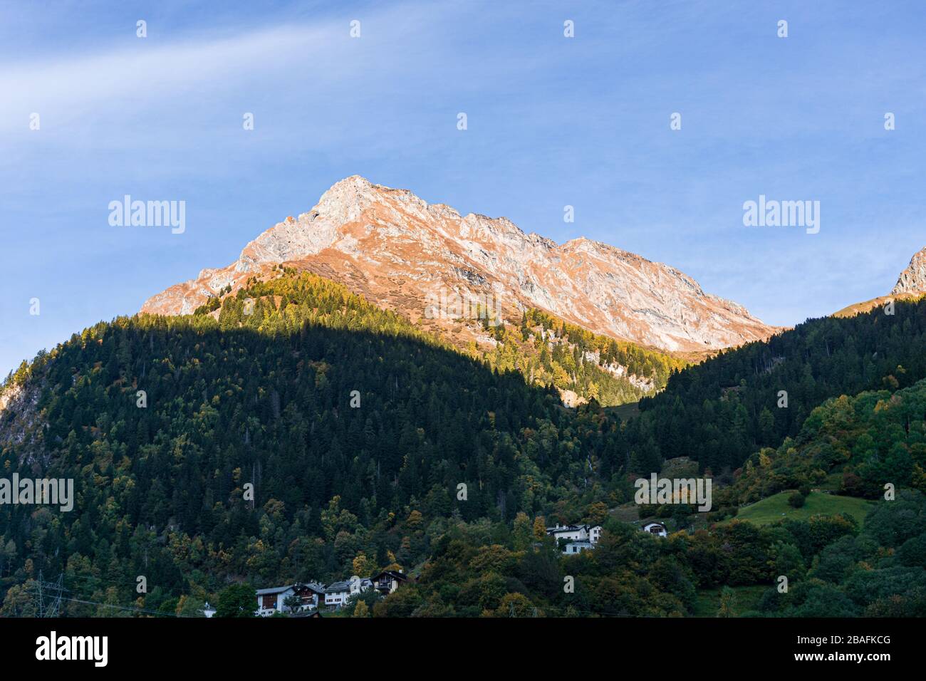The nature, the woods, the rivers of the alps during an autumn day near the village of sankt Moritz, Switzerland. Stock Photo