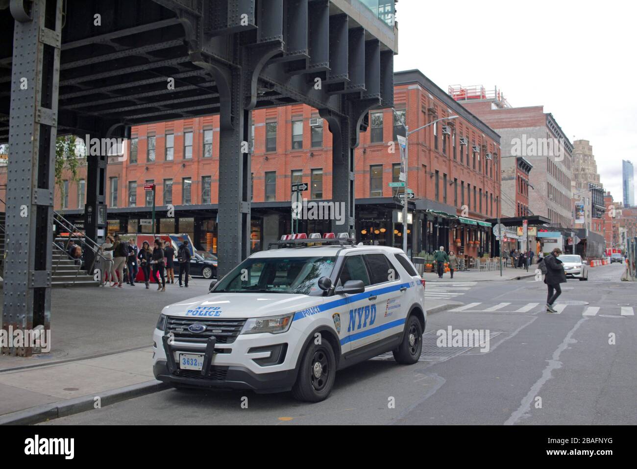 NYPD vehicle under the High Line, Meatpacking  District, New York City, USA Stock Photo
