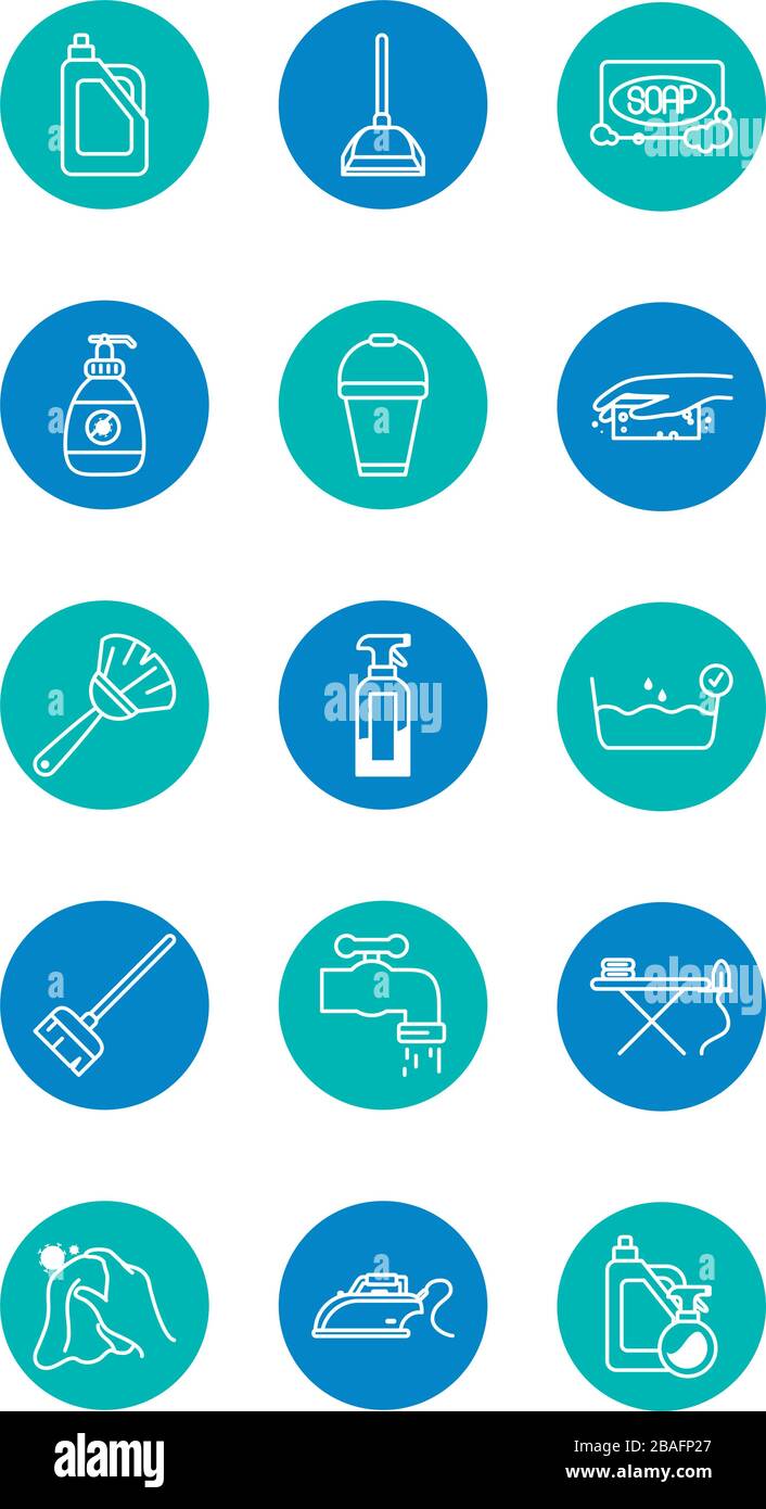 broom and cleaning elements icon set over white background, block style ...