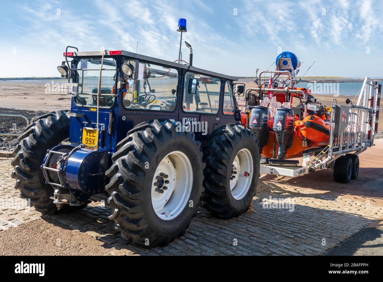 The tractor unit and trailer holding the Appledore fast response RIB Lifeboat. Stock Photo