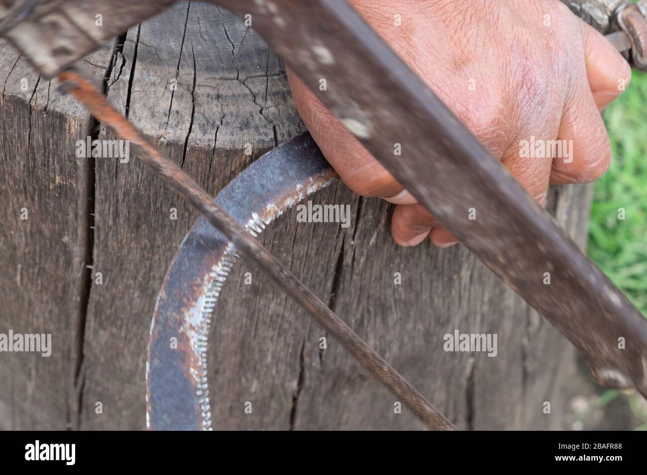 Coronavirus prevents buying new sickle so add teeth with a hacksaw replacing worn out teeth Stock Photo