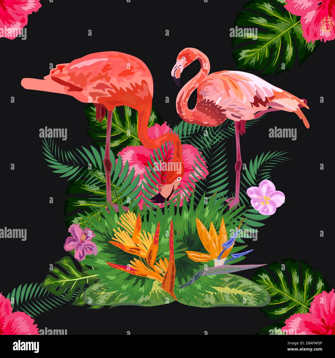 Seamless graphic pattern of flamingos in love among the trees Stock ...