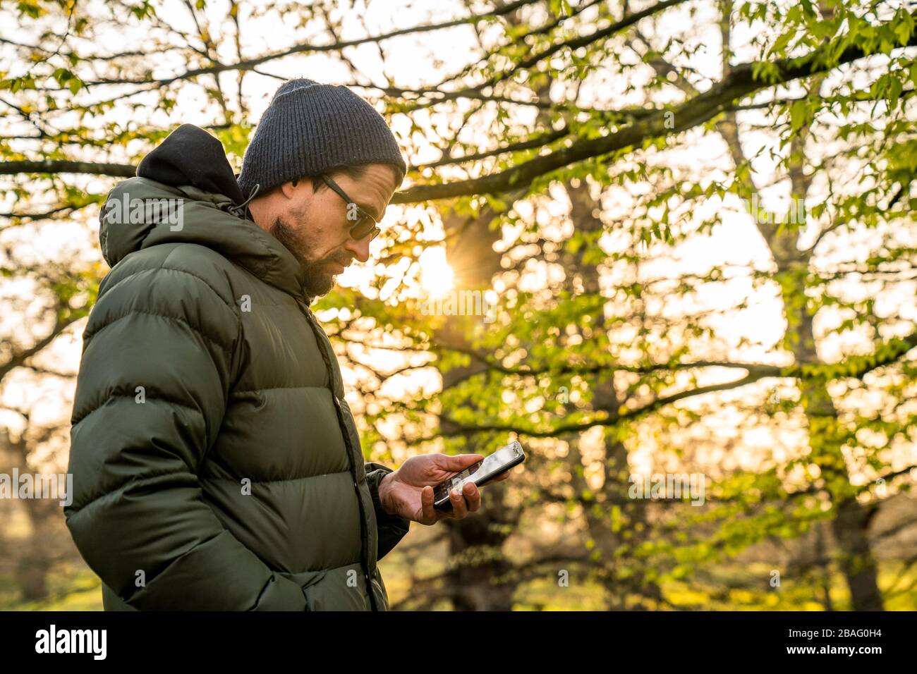 Social distance exercising in Greenwich Park.  Mid 40's male looking at phone. Stock Photo