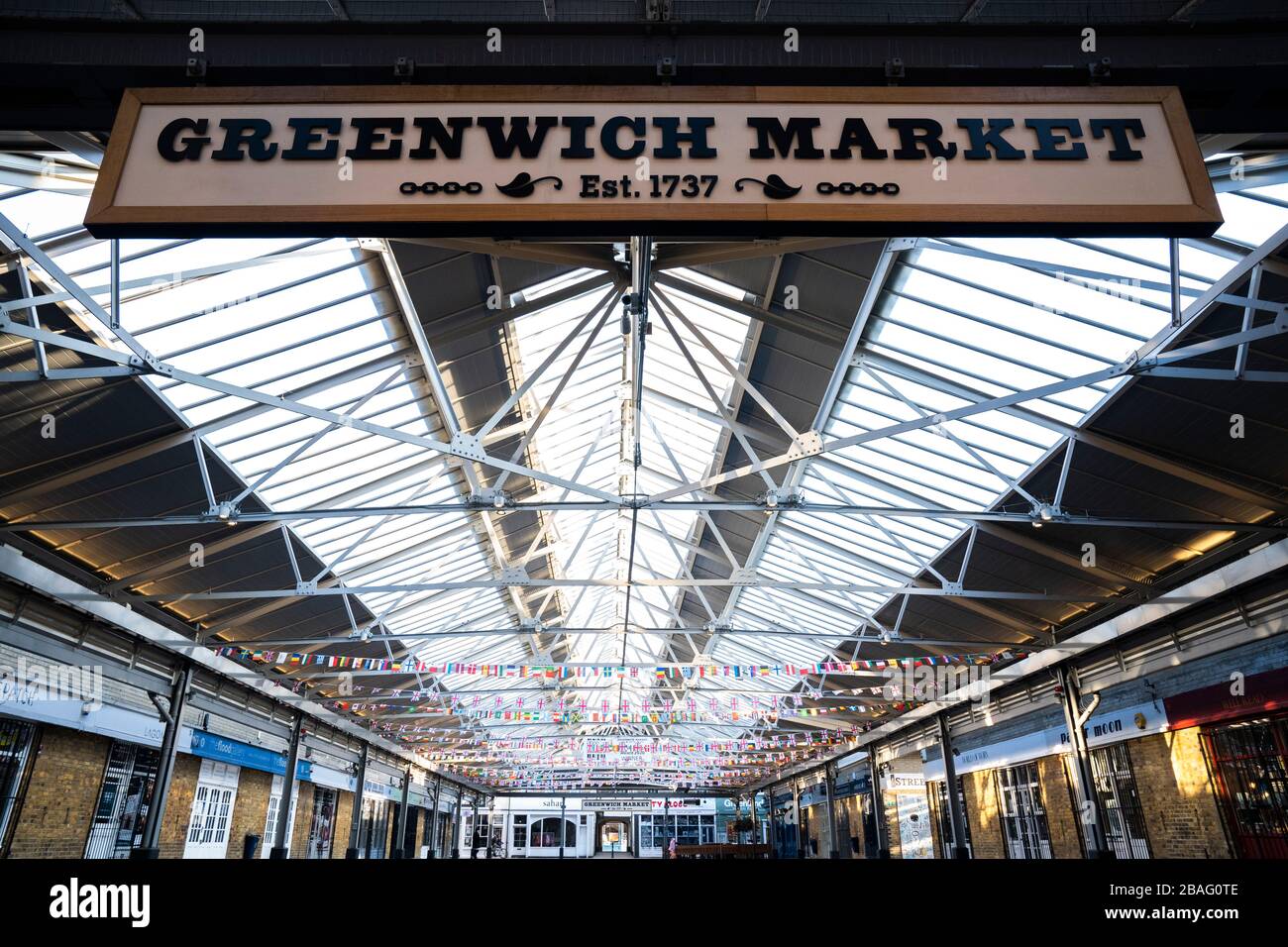Coronavirus causes closures of parks, tourist spots, markets and transport in Greenwich, London, UK.  Greenwich Market pictured. Stock Photo
