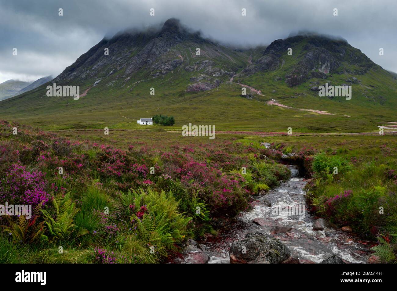 Little white house and creek below Buachaille Etive Mòr, in Glencoe Valley, in the Scottish Highlands in Scotland. Stock Photo