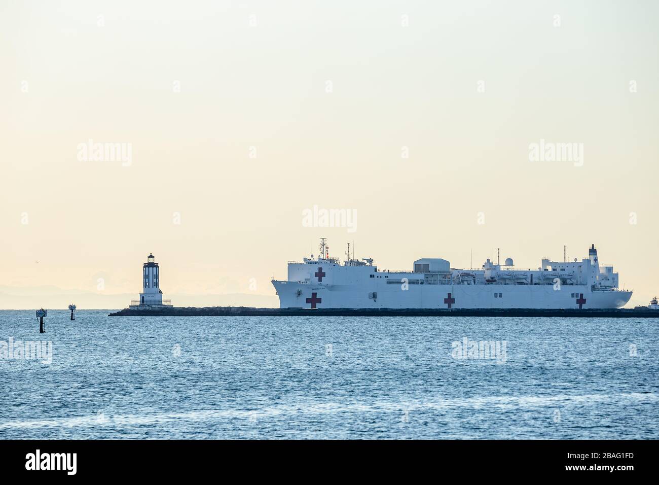USNS Mercy navy hospital ship arrives at Port of Los Angeles in San Pedro, CA March 27, 2020 during Covid-19 crisis Stock Photo