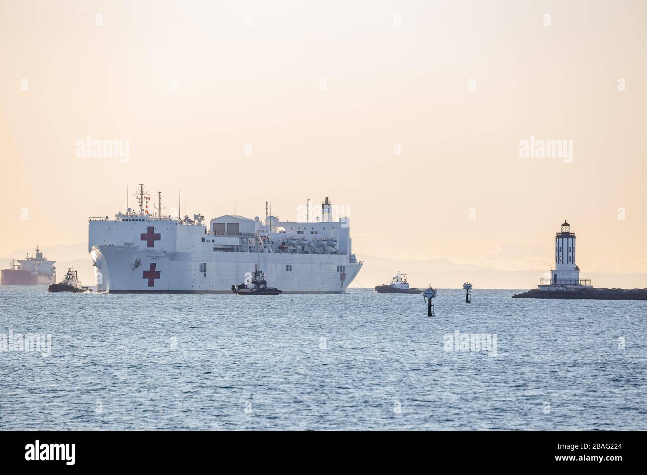 USNS Mercy navy hospital ship arrives at Port of Los Angeles in San Pedro, CA March 27, 2020 during Covid-19 crisis Stock Photo