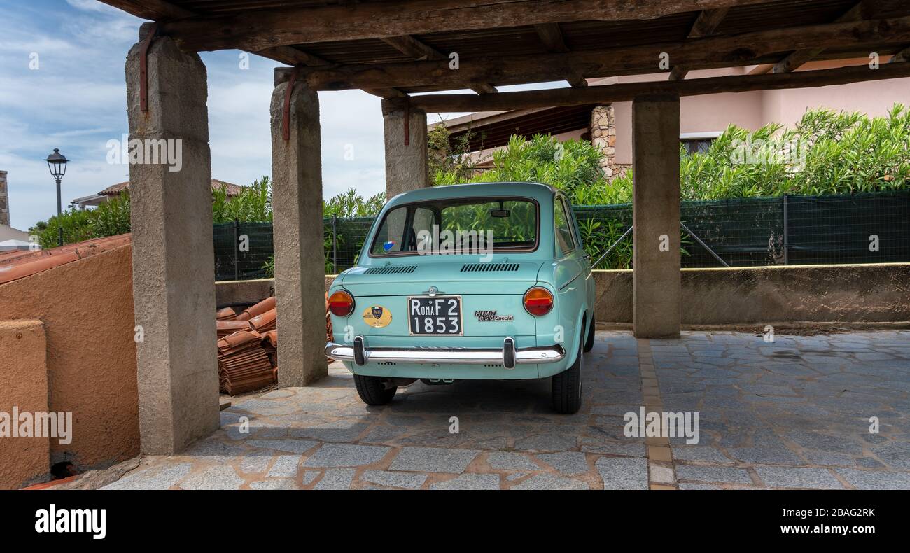 Sardinia; Italy; an old fiat 850 of the special edition roma stands in a garage on the island Stock Photo