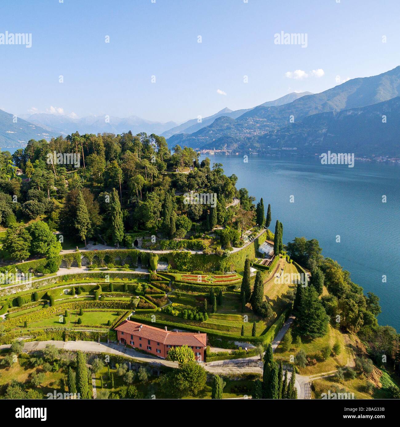 Lake Como (IT) - Bellagio and Villa Serbelloni with park and garden - aerial view Stock Photo