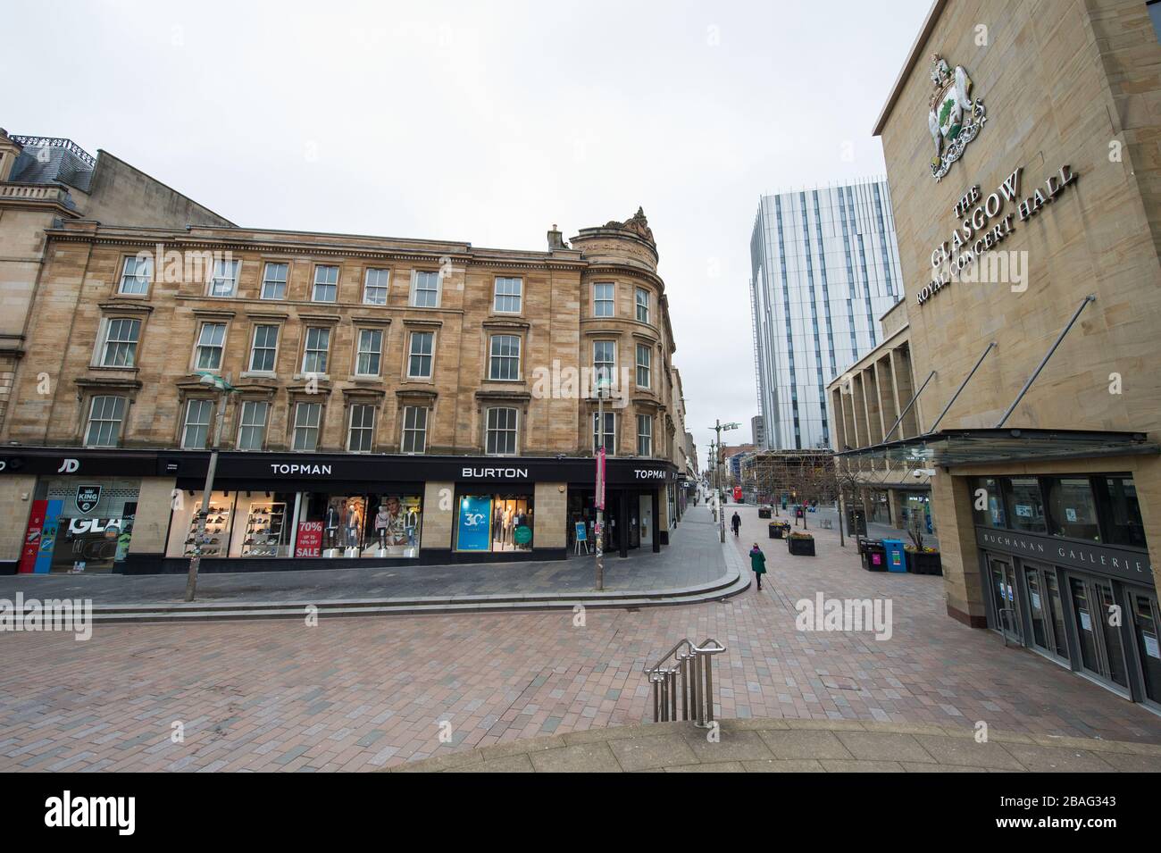 Glasgow, UK. 27th Mar, 2020. Pictured Views of Glasgow City Centre showing empty streets, shops
