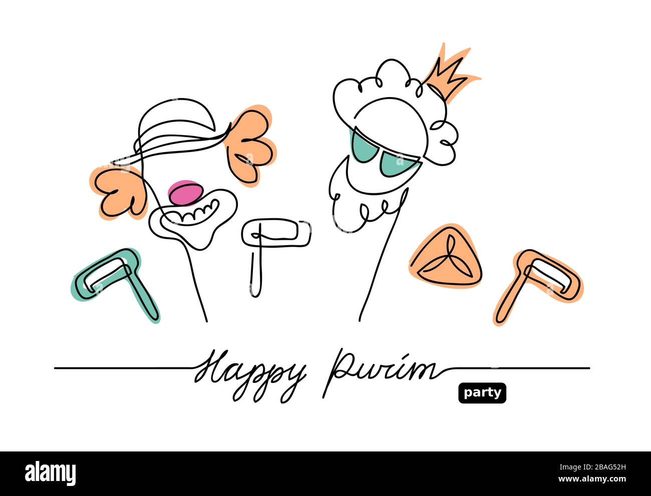 Happy Purim one line drawing Stock Vector