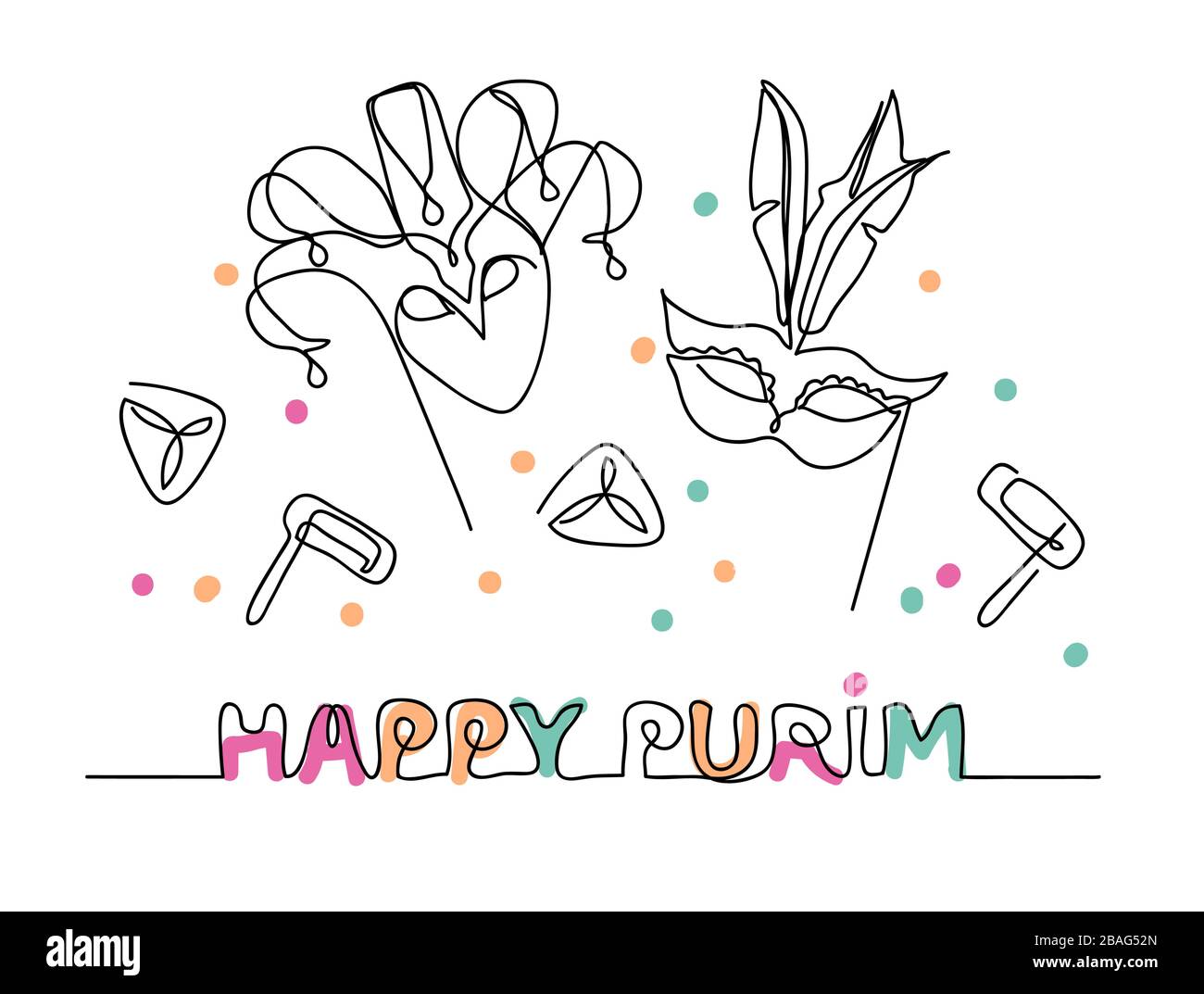 Happy Purim one line drawing Stock Vector