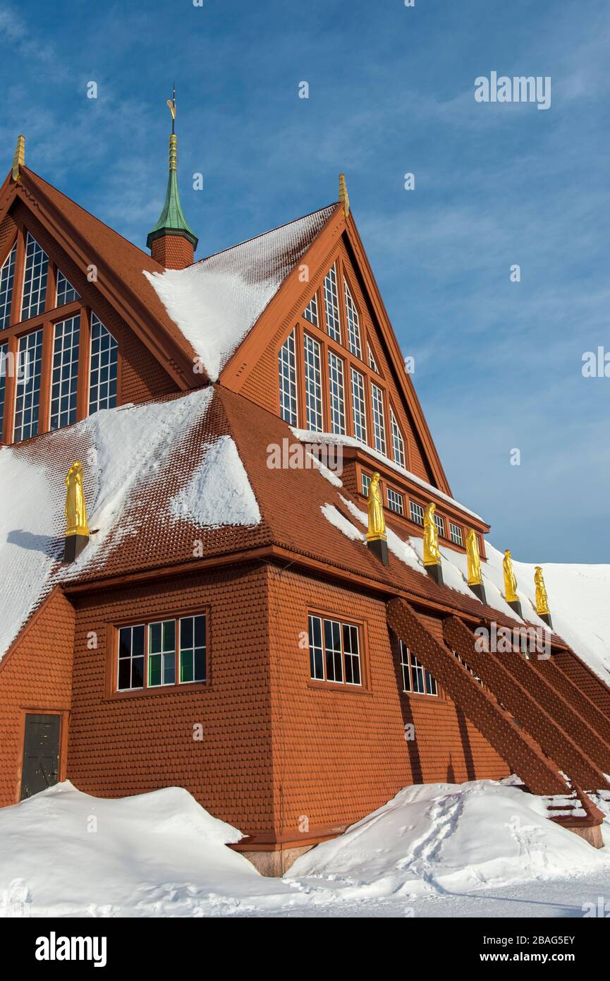The Kiruna Church, one of largest wooden buildings in Sweden, built between 1909 to 1912 in a Gothic Revival style in Swedish Lapland; northern Sweden Stock Photo