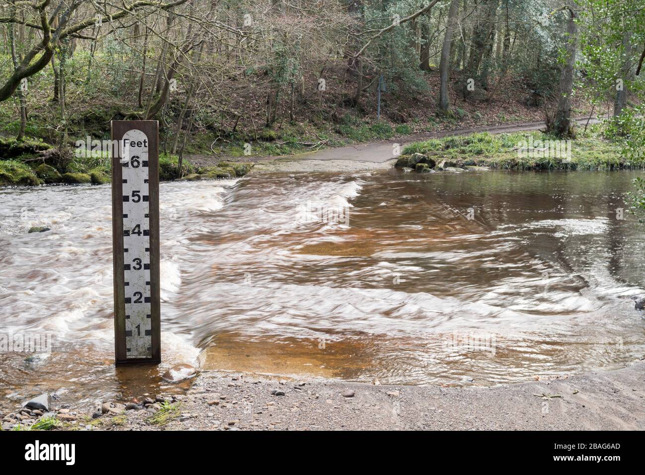 Depth gauge at a ford across the river Murk Esk in Grosmont, North