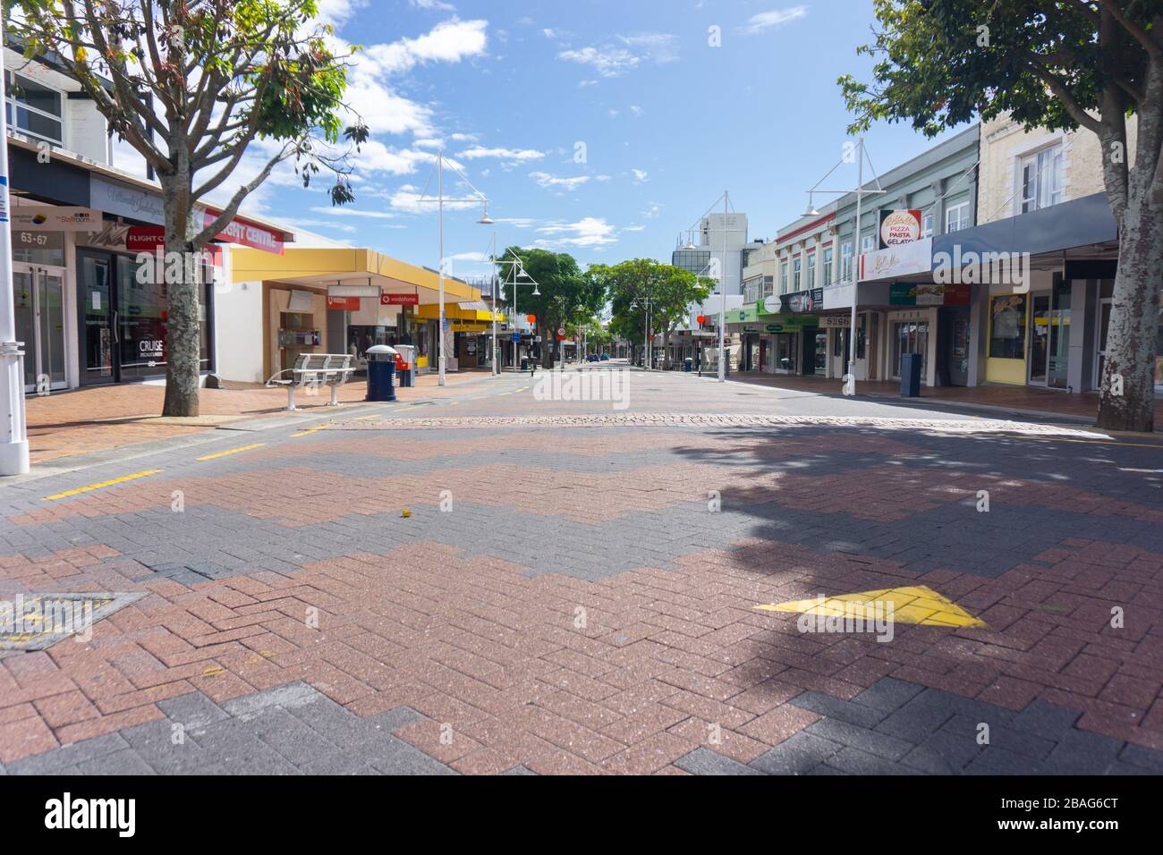 Tauranga New Zealand - March 27 2020; Empty city streets leave an eerie feeling. Stock Photo