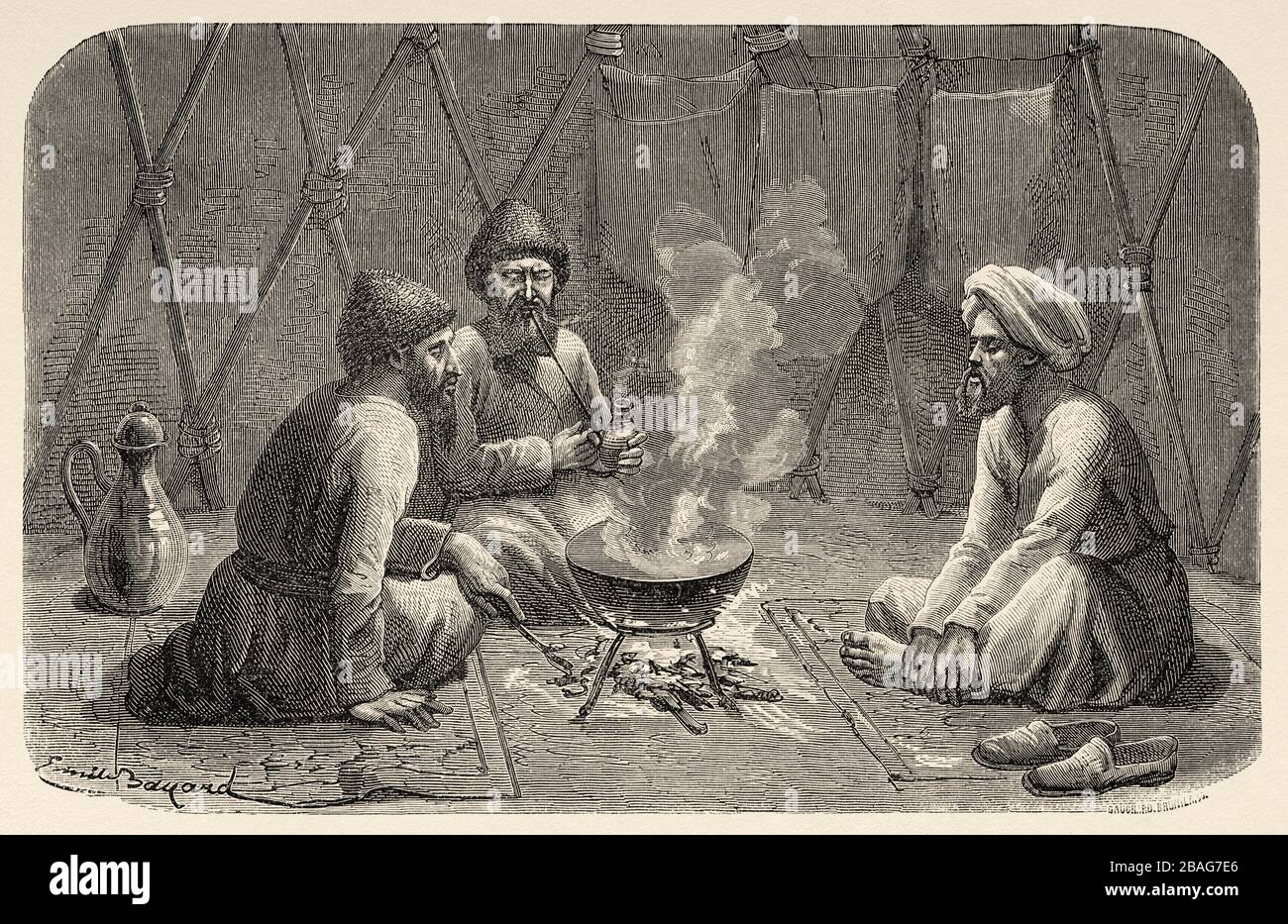 Interior of a Turkmen tent, from Travels in central Asia 1863 by Armin Vambery. Old engraving El Mundo en la Mano 1878 Stock Photo