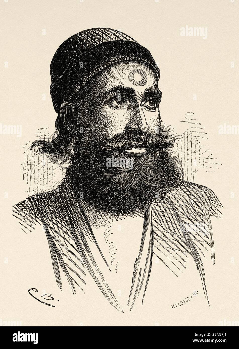Portrait of an Indian man, from Travels in central Asia 1863 by Armin Vambery. Old engraving El Mundo en la Mano 1878 Stock Photo