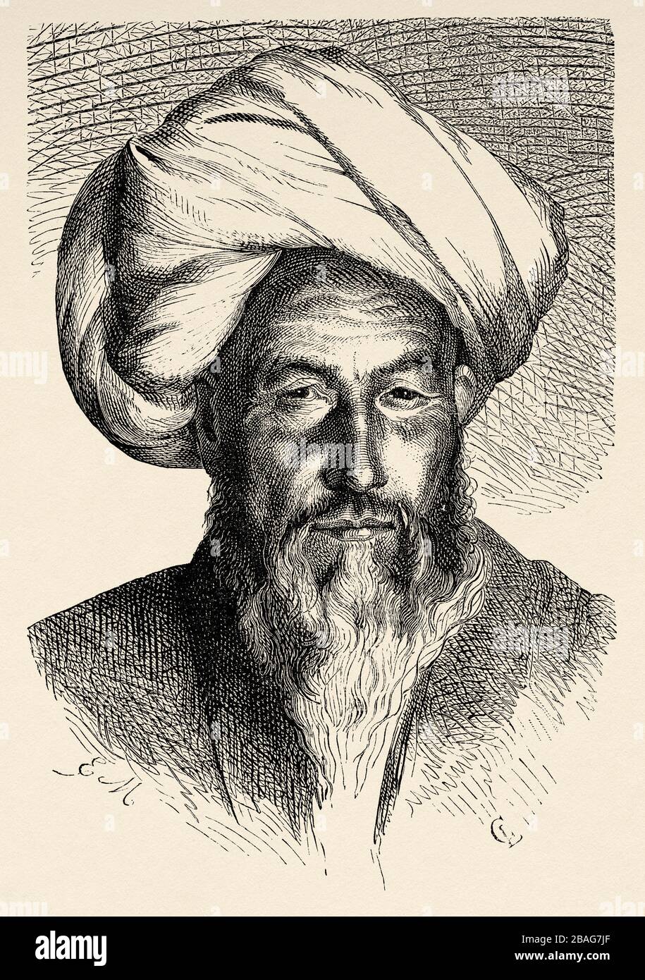Portrait of Sart man, mayor of Hodgiaghend, from Travels in central Asia 1863 by Armin Vambery. Old engraving El Mundo en la Mano 1878 Stock Photo