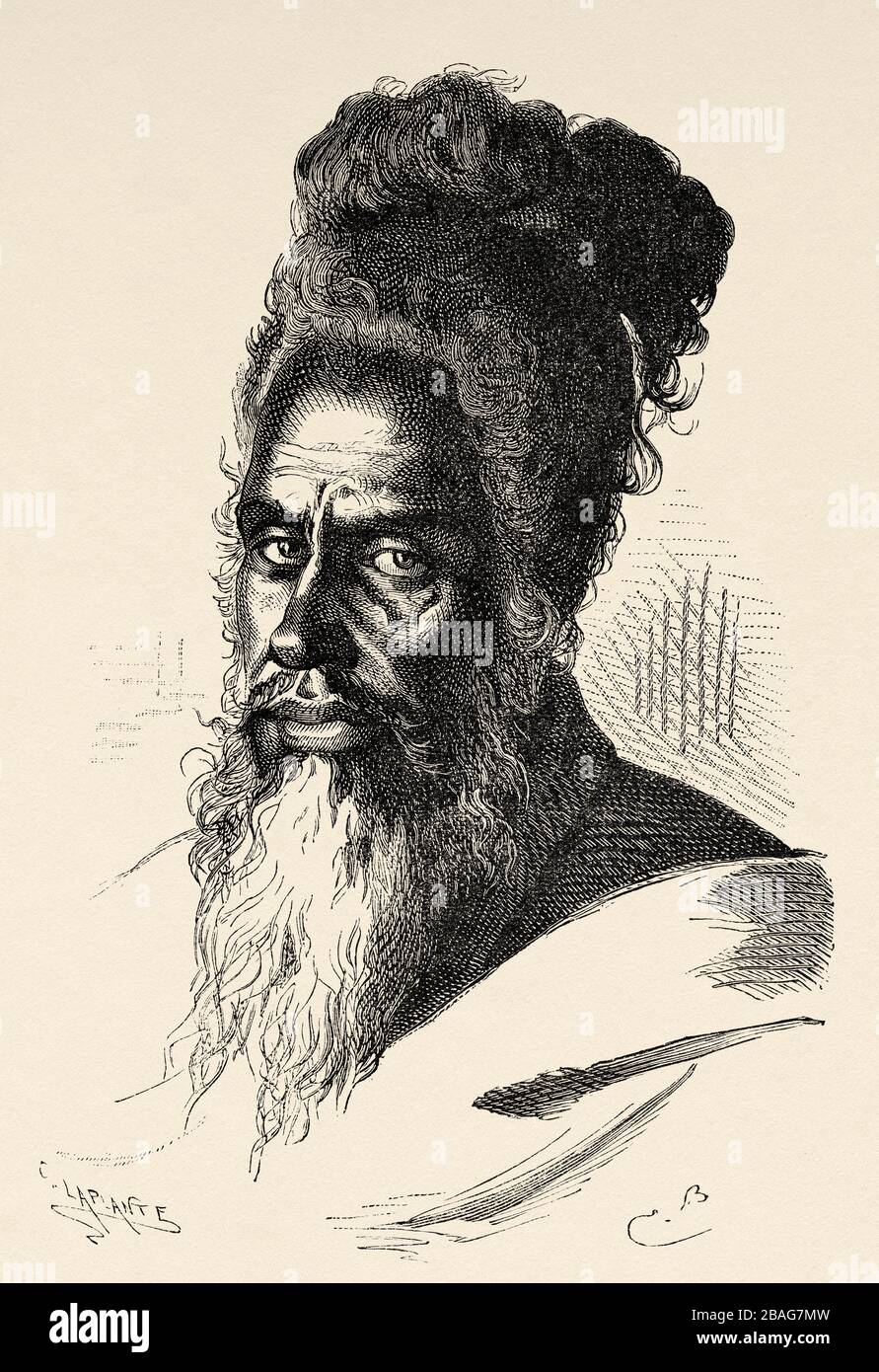 Portrait of an Indian fakir man, from Travels in central Asia 1863 by Armin Vambery. Old engraving El Mundo en la Mano 1878 Stock Photo