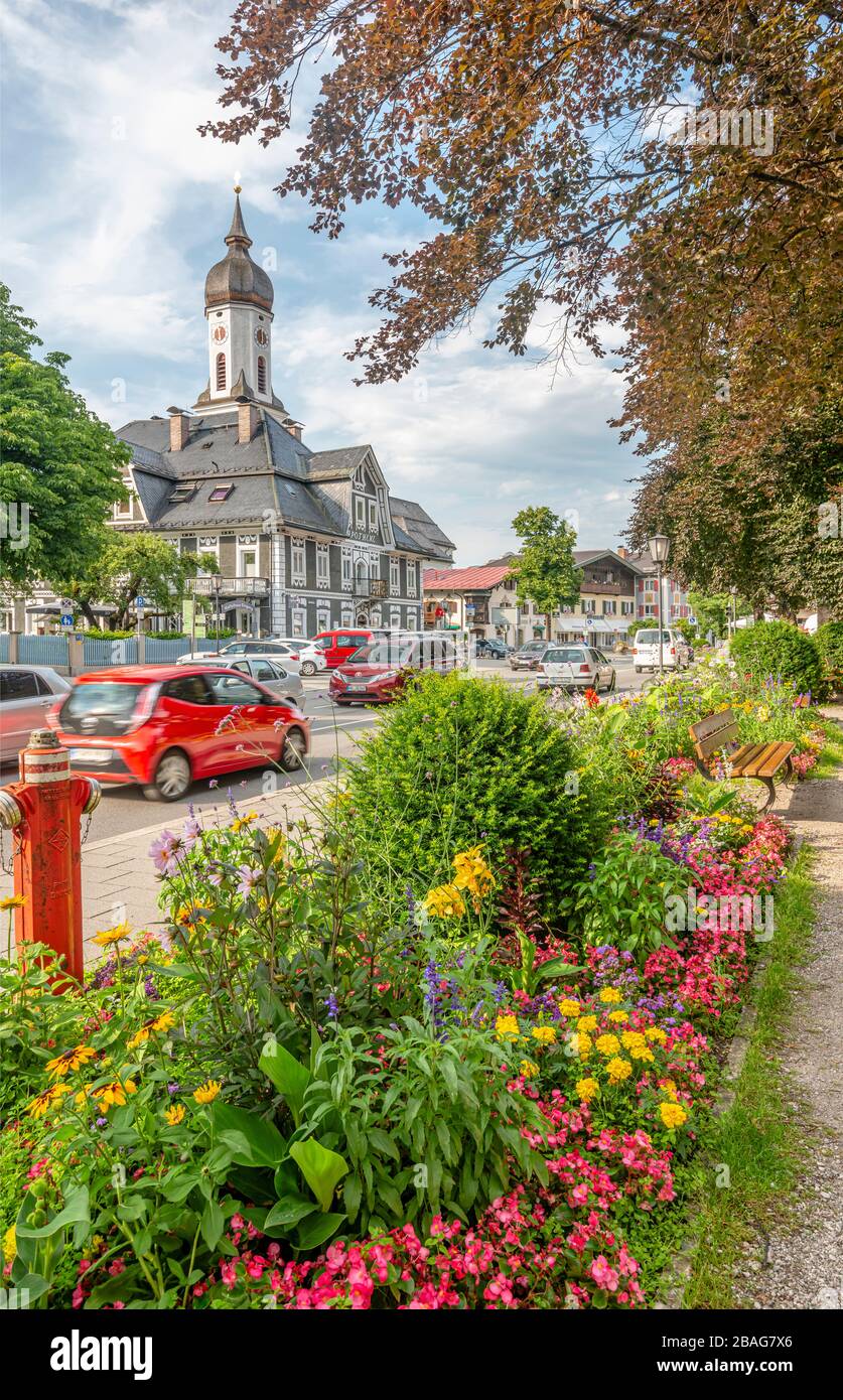 Traffic jam in the city centre of Garmisch Partenkirchen, Bavaria, Germany Stock Photo
