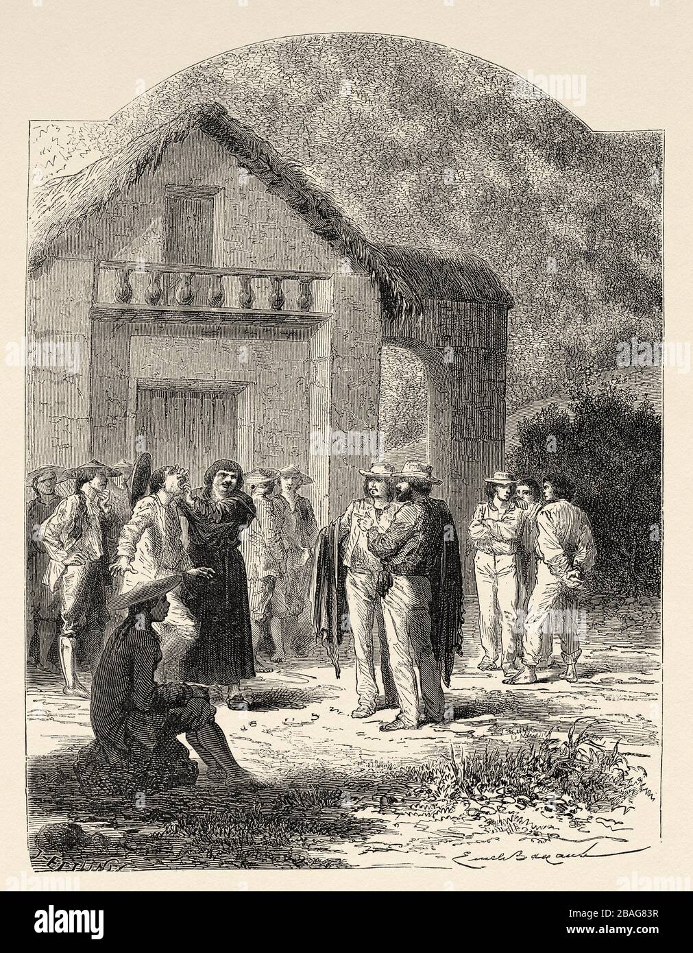 Inspection of the laborers at the door of the church, Peru. South America. Trip to the Valley of the Quinas by Paul Marcoy. Old engraving El Mundo en Stock Photo