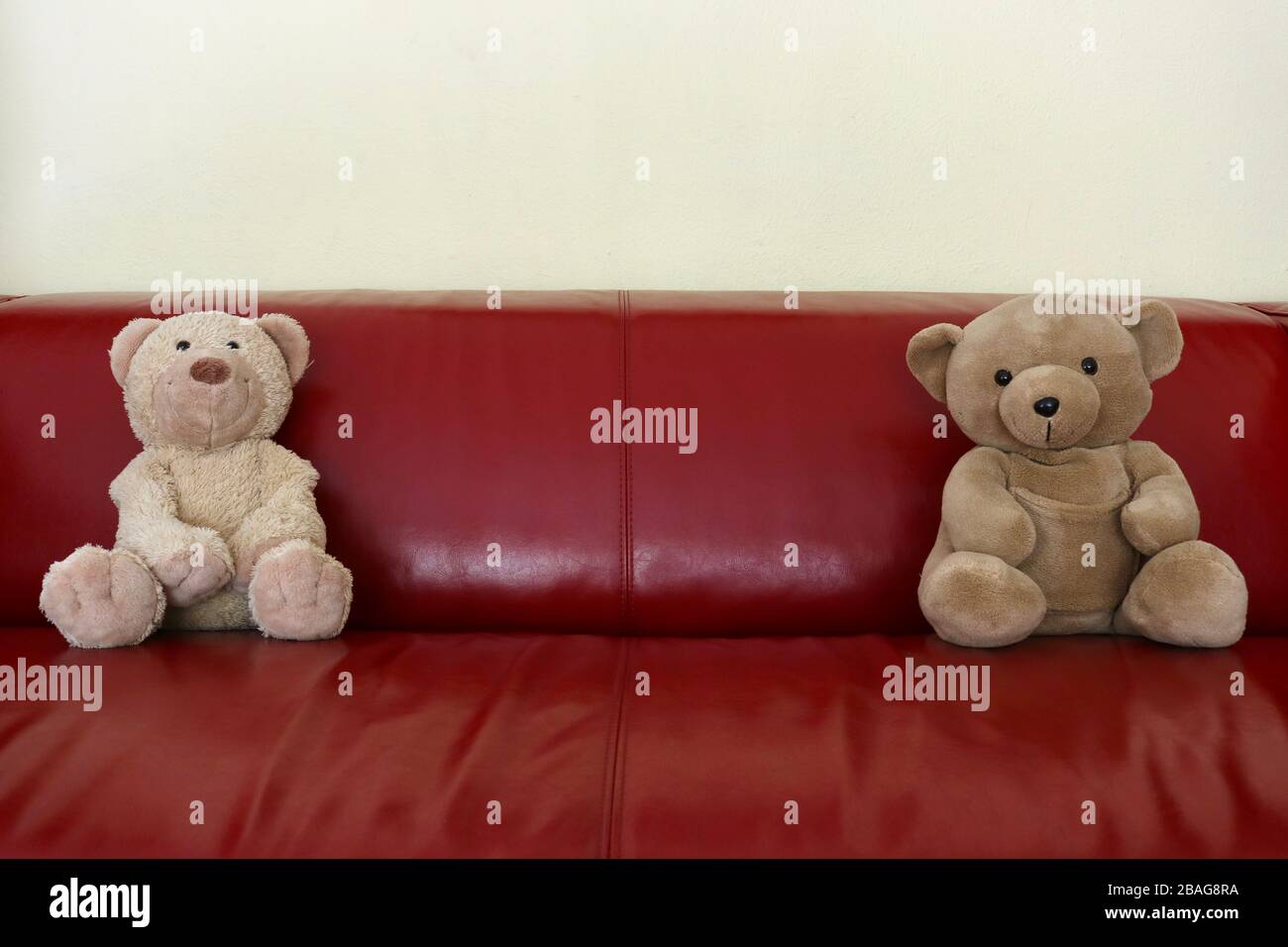 Two teddy bears on a couch that are social distancing Stock Photo