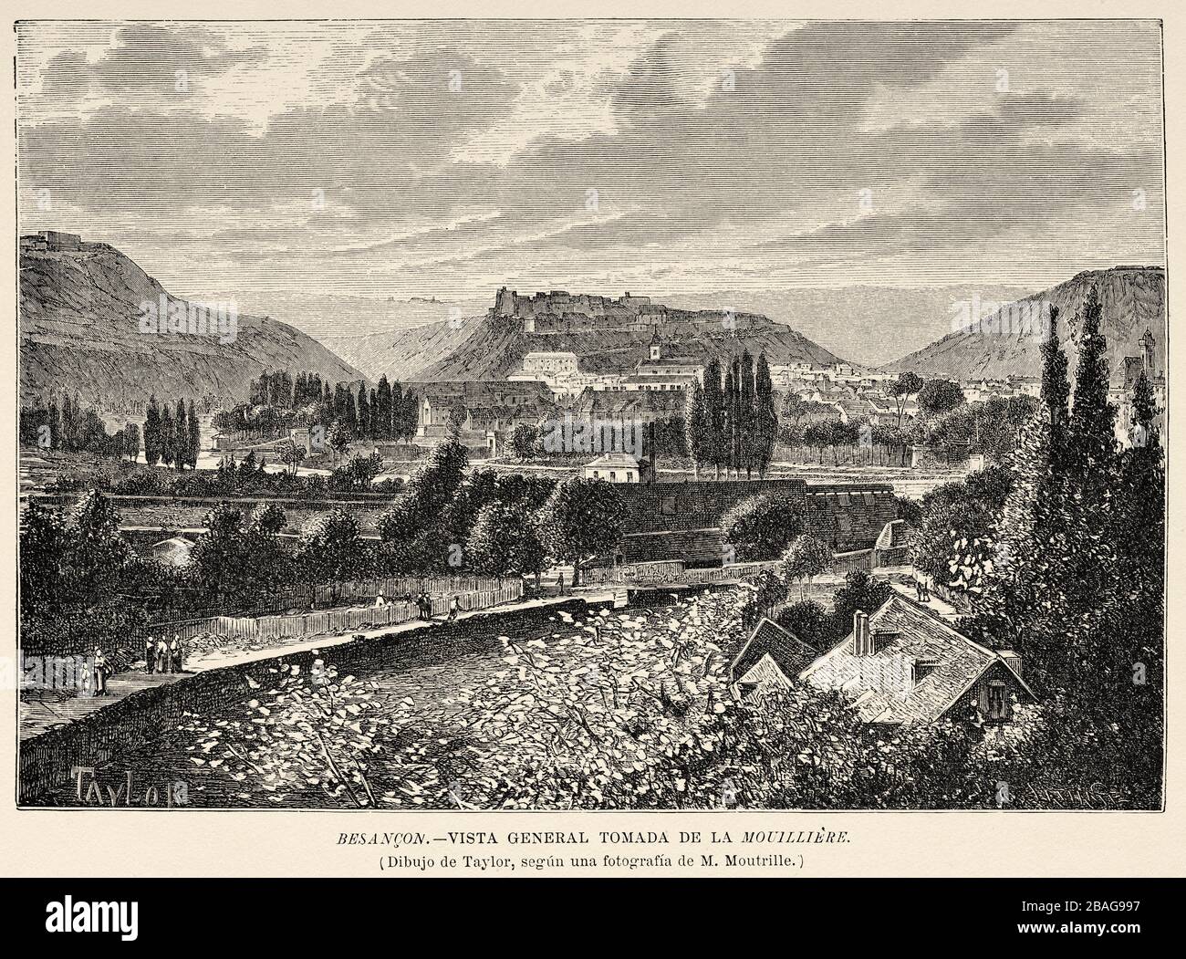 General panoramic view of Besancon and the Citadel above River Doubs. France Europe. Old 19th century engraved illustration image from the book Stock Photo