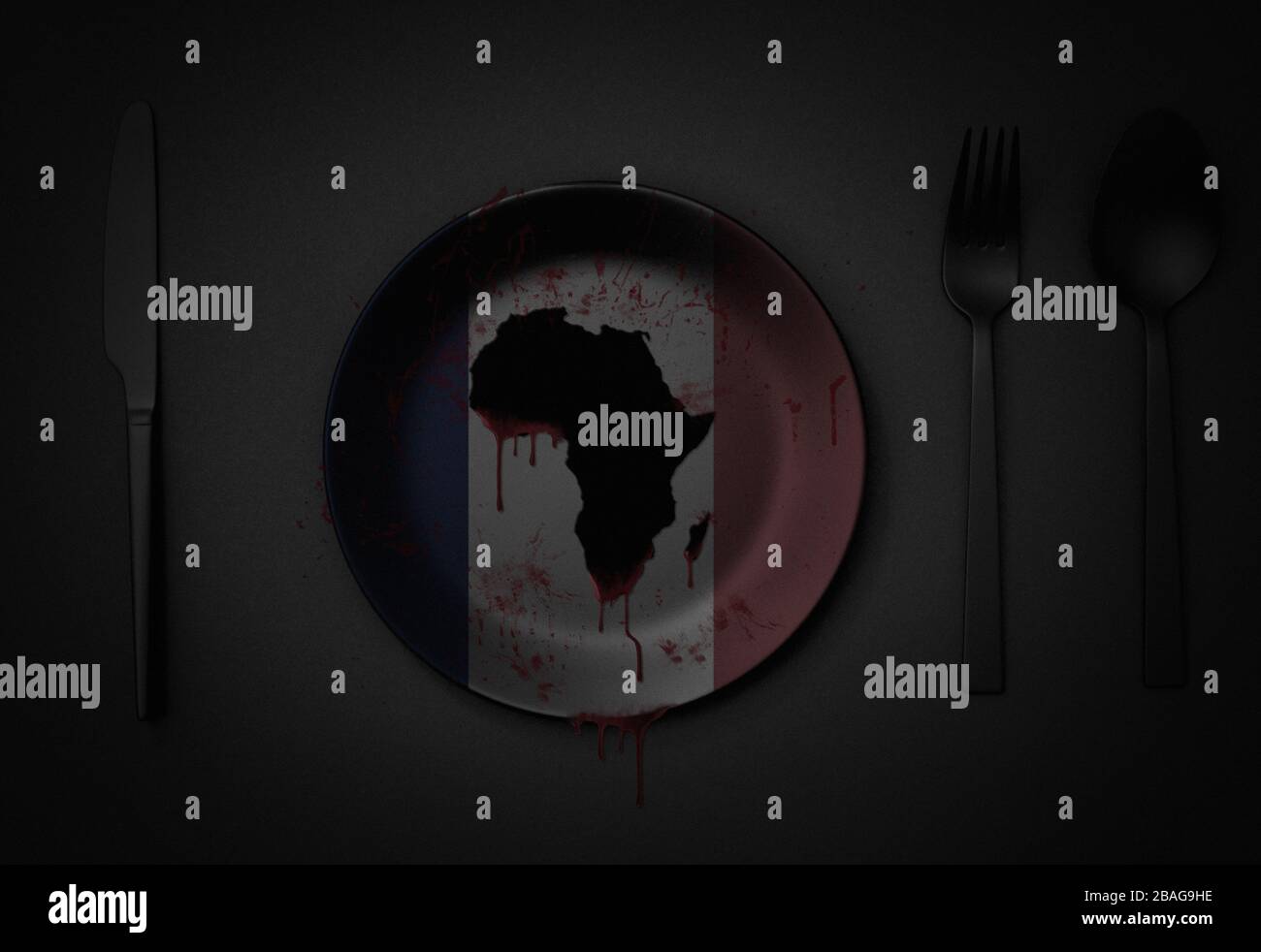 africa illustration bleeding on plate with french colors, concept of how european satti exploit african wealth Stock Photo