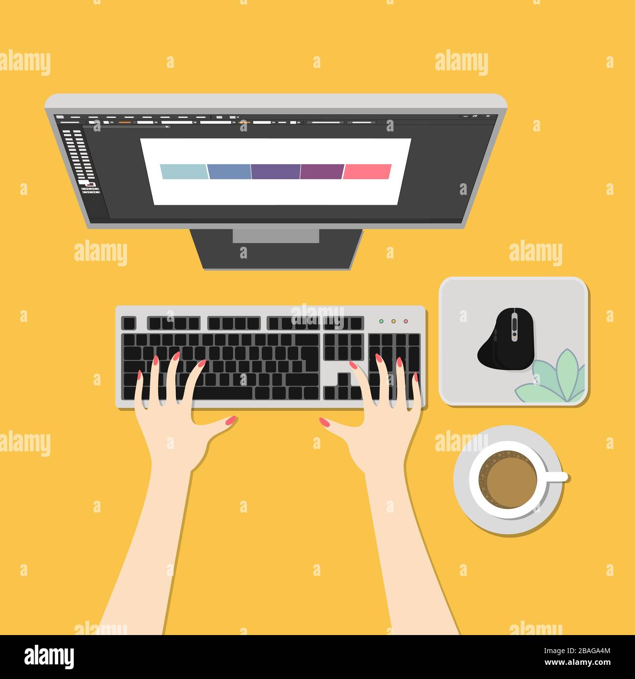 Scene of Using Computer PC with tools and coffee. Monitor screen of ...