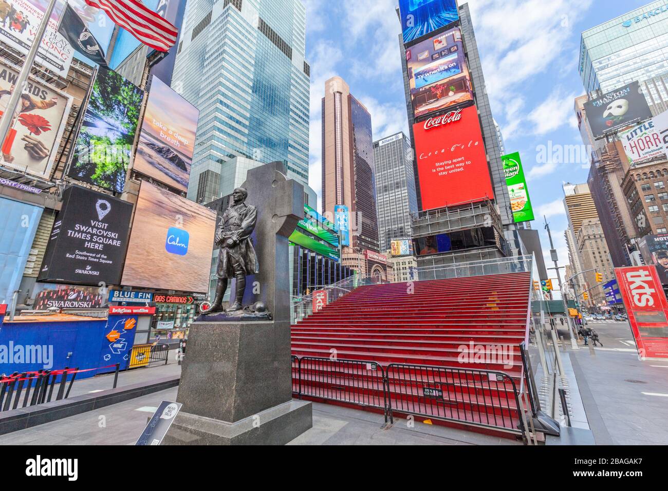 Times Square, 42nd Street, is almost empty  in New York City because of COVID-19, Coronavirus. Stock Photo