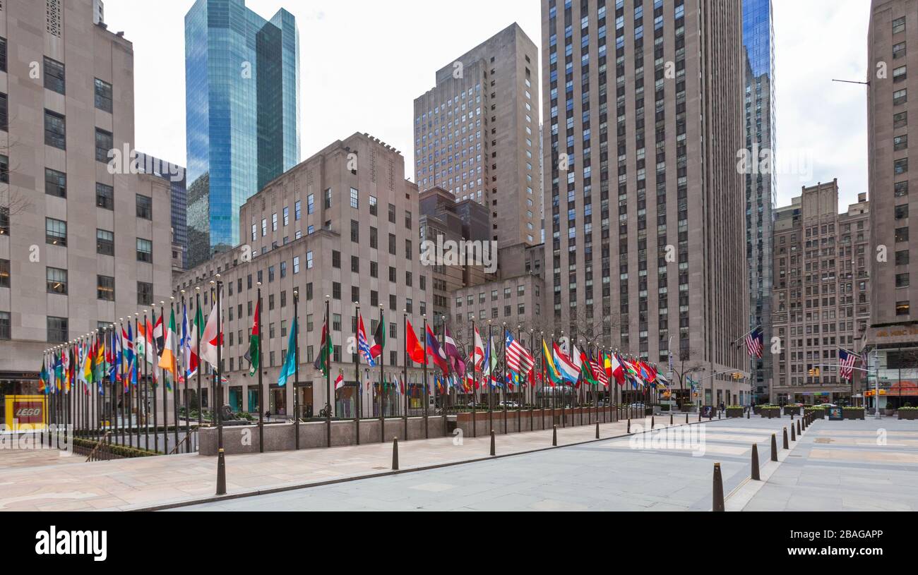 The Rockefeller Center on the empty streets in New York City because of COVID-19, Coronavirus. Stock Photo