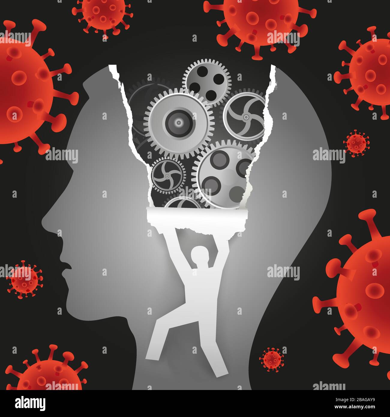 Psychological examination, depression during coronavirus pandemic. Male head in profile with gear and male silhouette ripping paper  with coronavirus. Stock Vector