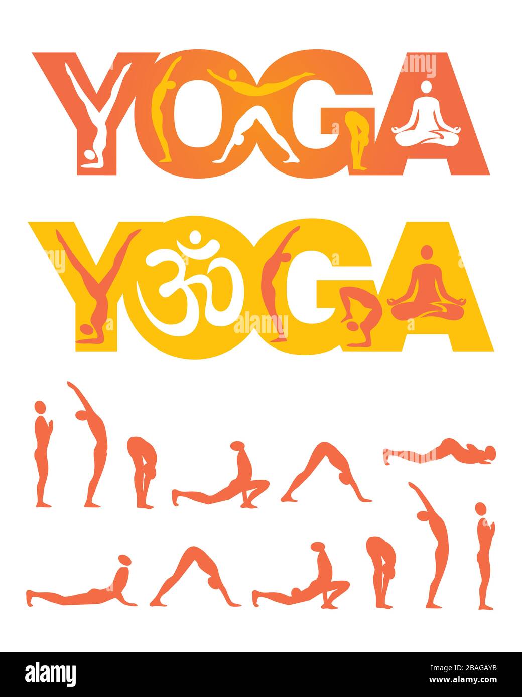 Yoga inscriptions with yoga poses and sun solutation. Colorful Illustration of yoga icons and Steps of Yoga surya namaskar. Vector available. Stock Vector