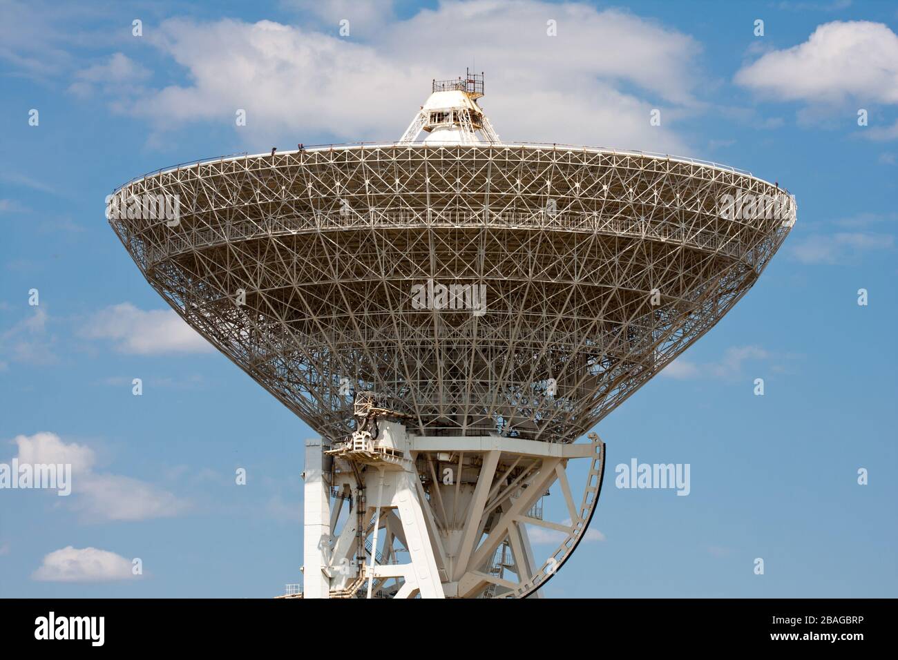 big radio telescope on sky background Stock Photo