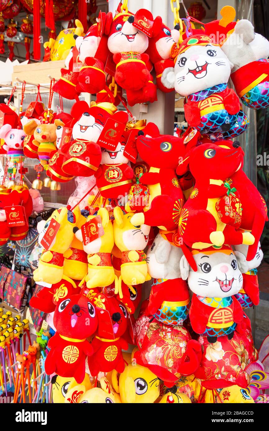 Chinese New Year souvenir soft toys, Pagoda Street, Central Area, Chinatown, Republic of Singapore Stock Photo