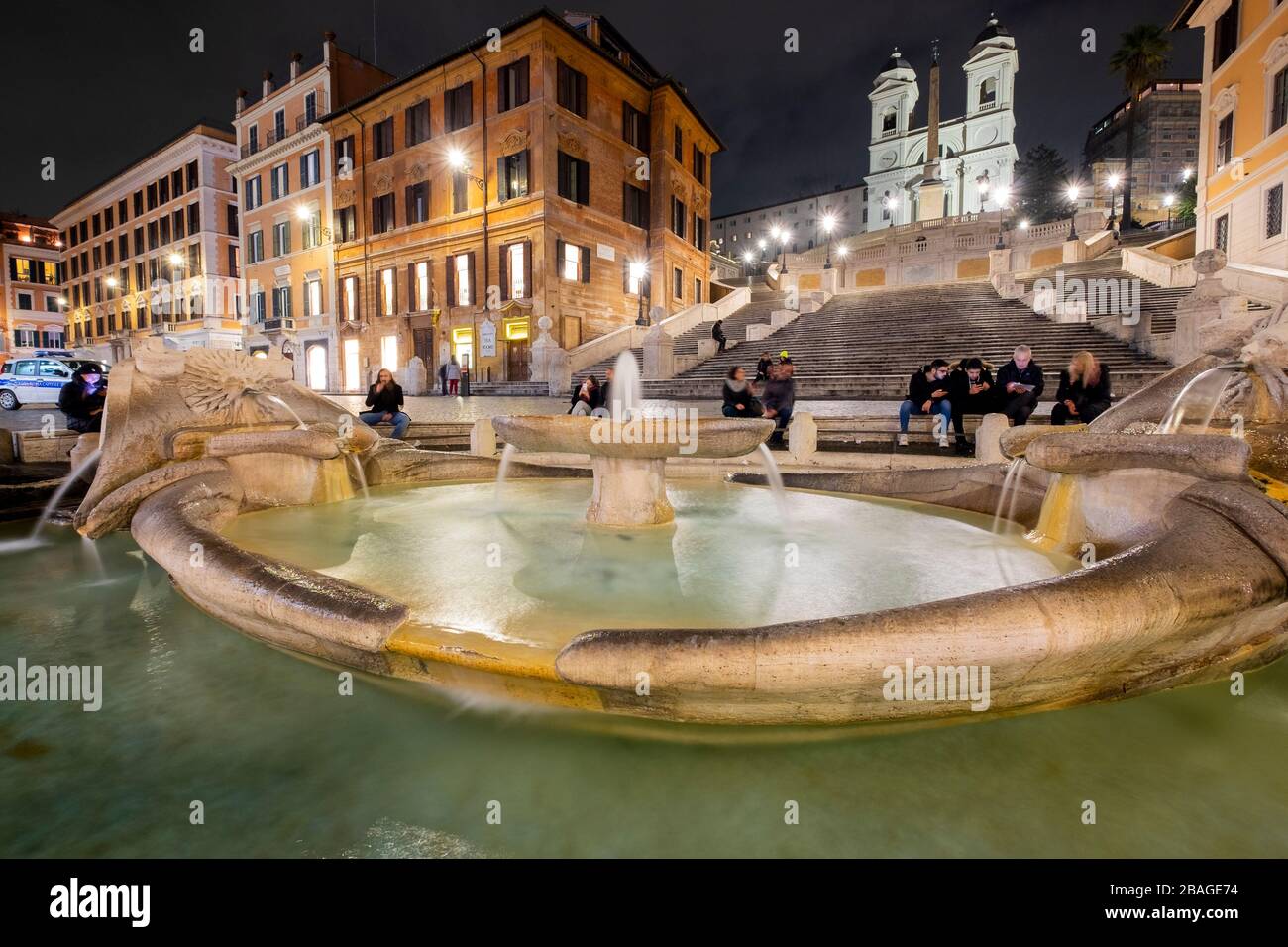 Nigh view of the Spain square and Fontana della Barcaccia, Piazza di Spagna. Rome Stock Photo