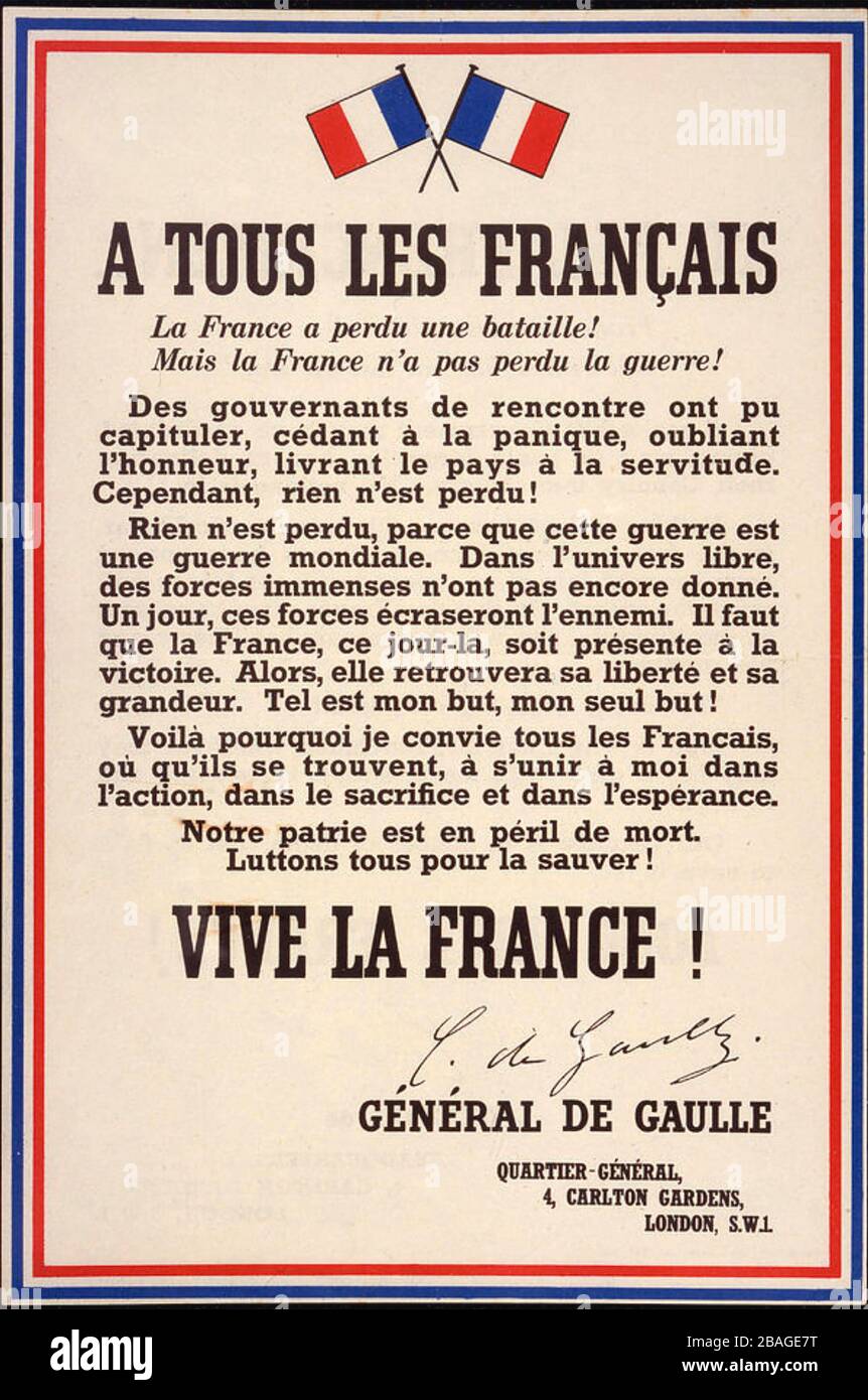 DE GAULLE'S APPEAL TO THE FRENCH IN 1940 Stock Photo
