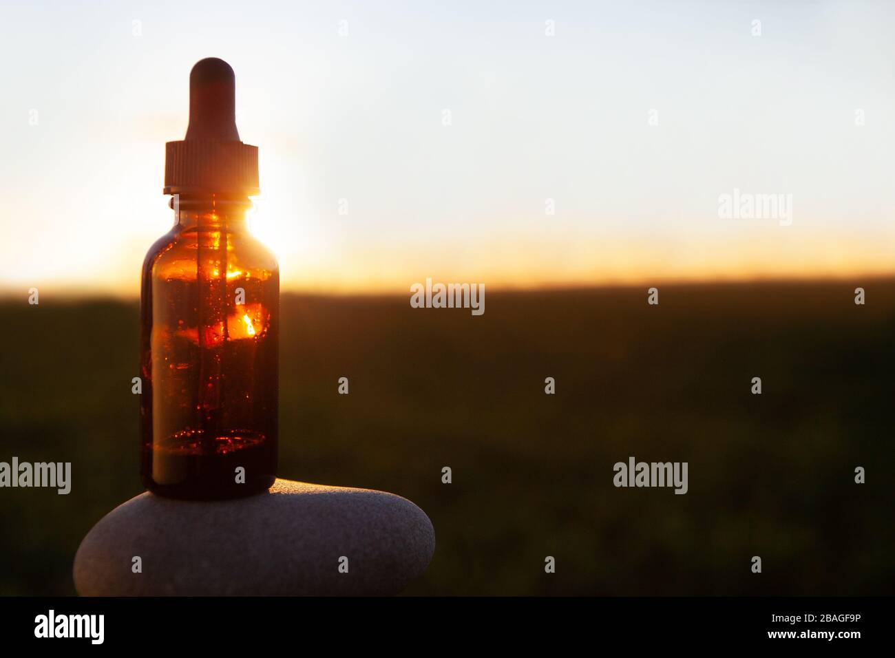 Dropper bottle - sunset. Alternative medicine.  Natural medicine on a sunset background. Stock Photo